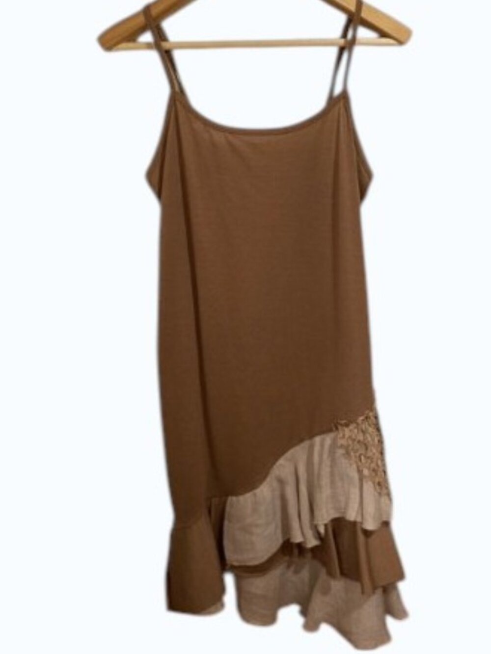 Pretty Angel Lagenlook Fairygrunge Boho Ruffle Hem Linen Tank Dress Taupe Size L